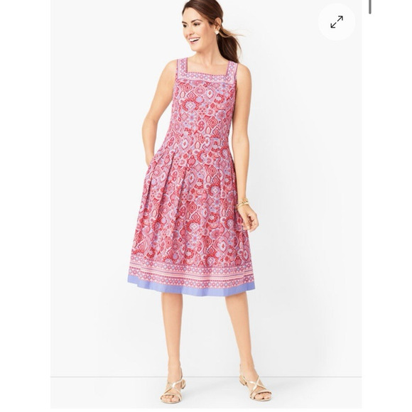 Talbots Fit & Flare Medallion Dress Red & Blue Square Neck Midi Pleated Lined - Picture 1 of 16
